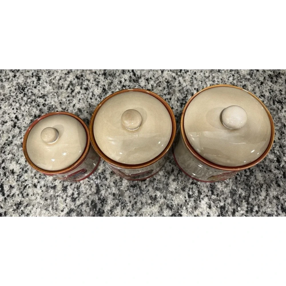 Vintage Rooster Chicken Canister Set of 3 Glazed Pottery Farmhouse Grandma Core
